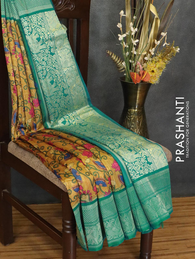 Malai silk saree mustard yellow and teal blue with allover self emboss floral prints and zari woven border - {{ collection.title }} by Prashanti Sarees