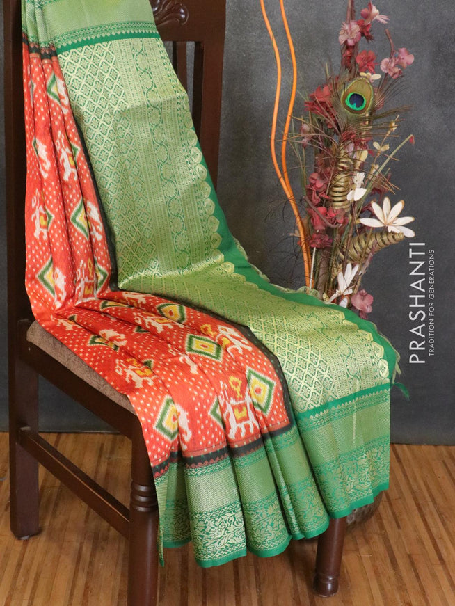 Malai silk saree orange and green with allover self emboss ikat prints and zari woven border - {{ collection.title }} by Prashanti Sarees