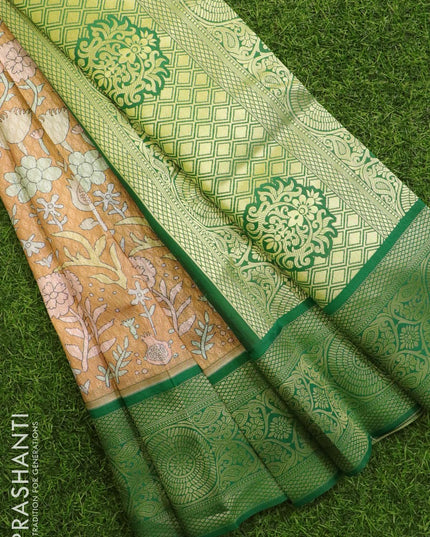 Malai silk saree pastel brown and green with allover self emboss & floral prints and zari woven border - {{ collection.title }} by Prashanti Sarees
