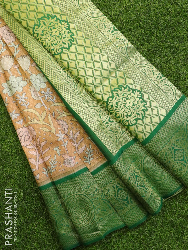 Malai silk saree pastel brown and green with allover self emboss & floral prints and zari woven border - {{ collection.title }} by Prashanti Sarees