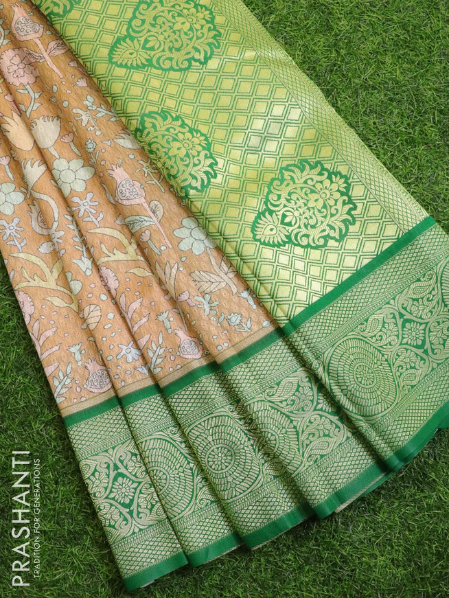 Malai silk saree pastel brown and green with allover self emboss floral prints and zari woven border - {{ collection.title }} by Prashanti Sarees