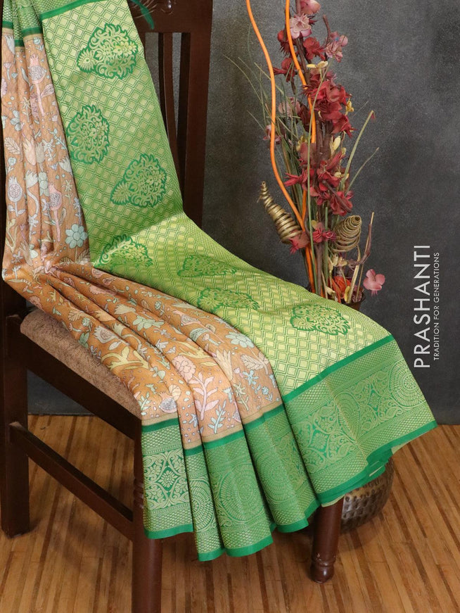 Malai silk saree pastel brown and green with allover self emboss floral prints and zari woven border - {{ collection.title }} by Prashanti Sarees