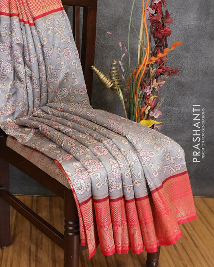 Malai silk saree pastel grey and red with allover self emboss floral prints and zari woven border - {{ collection.title }} by Prashanti Sarees