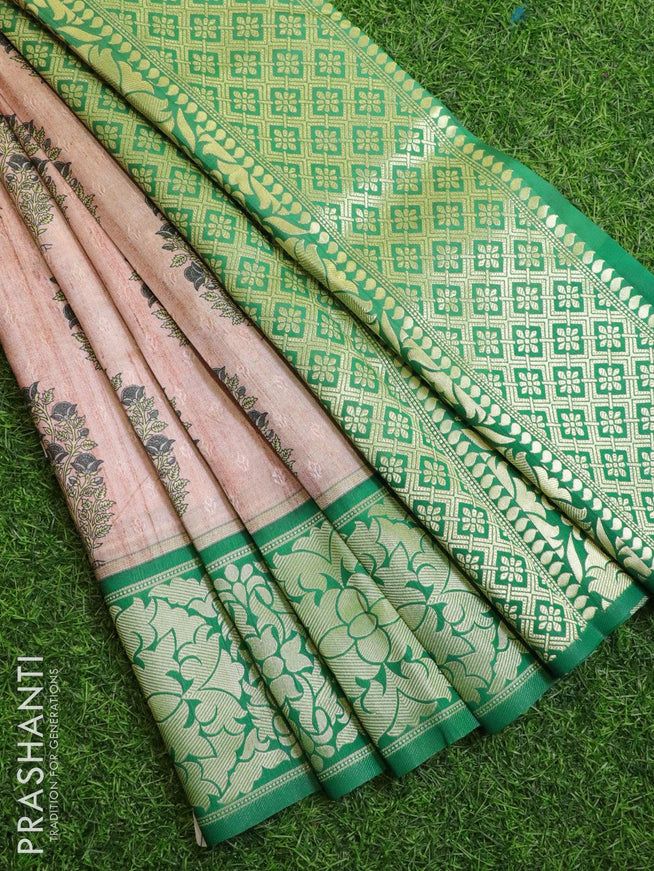 Malai silk saree pastel peach and green with allover self emboss floral butta prints and floral zari woven border - {{ collection.title }} by Prashanti Sarees