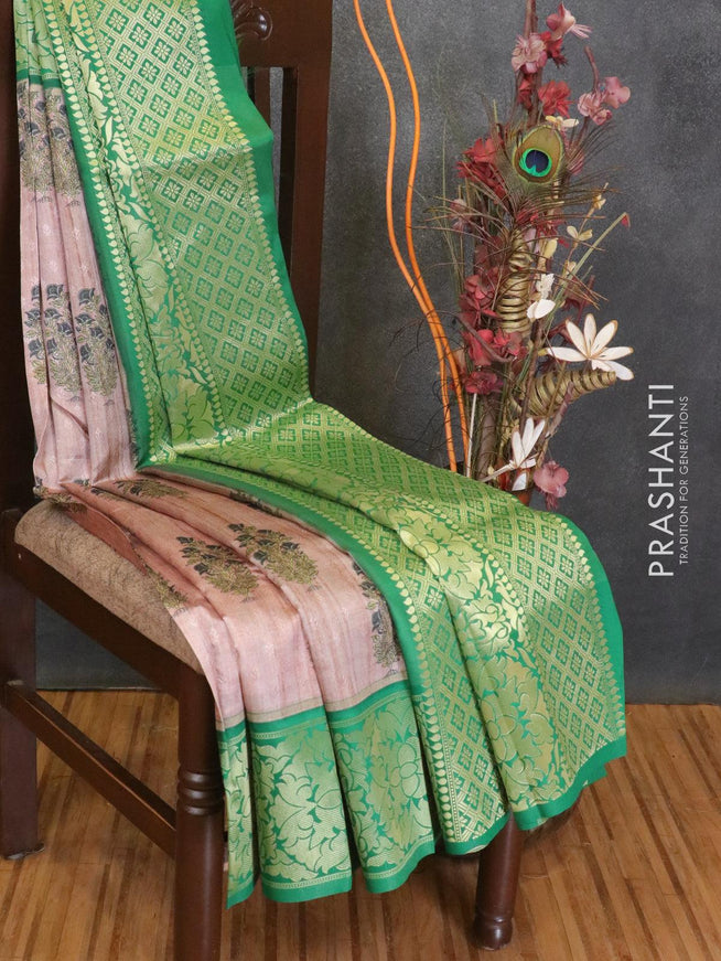 Malai silk saree pastel peach and green with allover self emboss floral butta prints and floral zari woven border - {{ collection.title }} by Prashanti Sarees