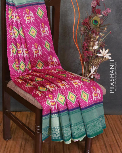Malai silk saree pink and blue shade with allover self emboss ikat prints and zari woven border - {{ collection.title }} by Prashanti Sarees