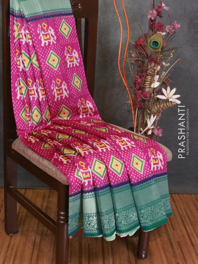 Malai silk saree pink and blue shade with allover self emboss ikat prints and zari woven border - {{ collection.title }} by Prashanti Sarees