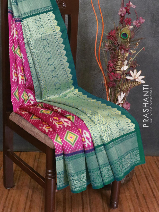 Malai silk saree pink and blue shade with allover self emboss ikat prints and zari woven border - {{ collection.title }} by Prashanti Sarees