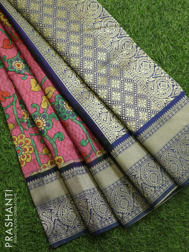 Malai silk saree pink and blue with allover self emboss floral prints and zari woven border - {{ collection.title }} by Prashanti Sarees