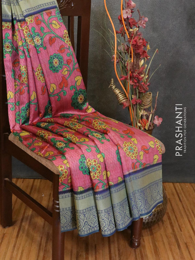 Malai silk saree pink and blue with allover self emboss floral prints and zari woven border - {{ collection.title }} by Prashanti Sarees