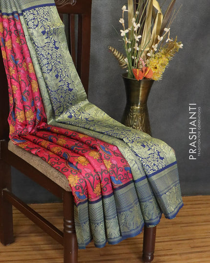 Malai silk saree pink and blue with allover self emboss floral prints and zari woven border - {{ collection.title }} by Prashanti Sarees