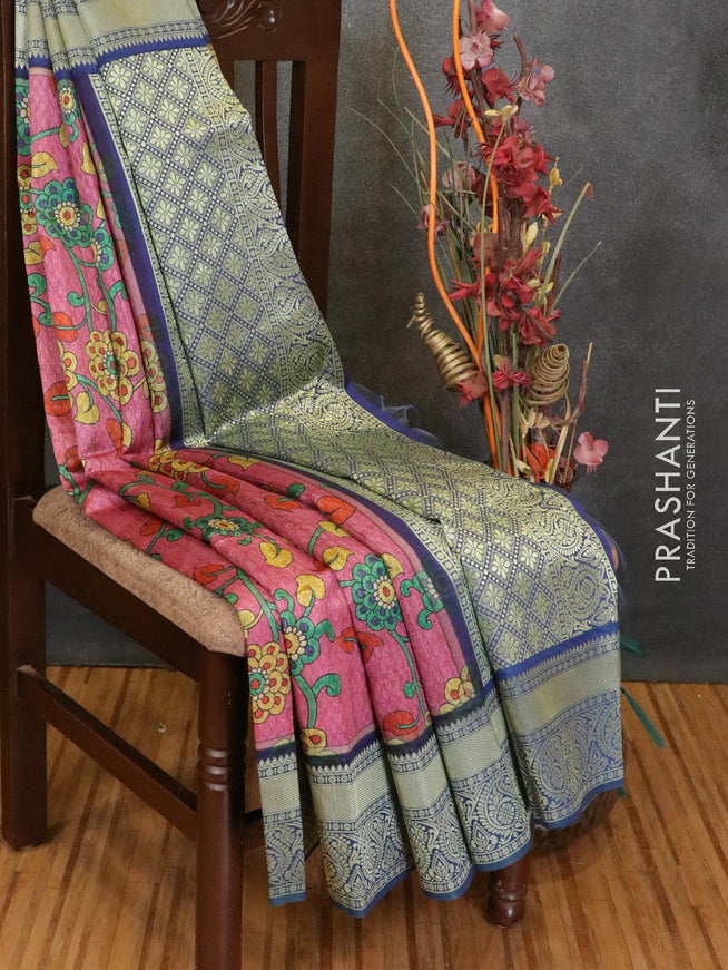 Malai silk saree pink and blue with allover self emboss floral prints and zari woven border - {{ collection.title }} by Prashanti Sarees