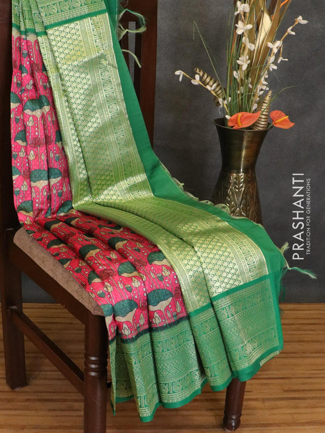Malai silk saree pink and green with allover self emboss & floral prints and zari woven border - {{ collection.title }} by Prashanti Sarees