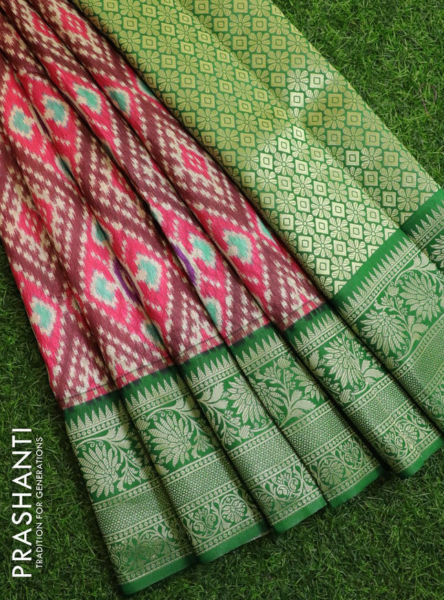 Malai silk saree pink and green with allover self emboss ikat prints and floral zari woven border - {{ collection.title }} by Prashanti Sarees