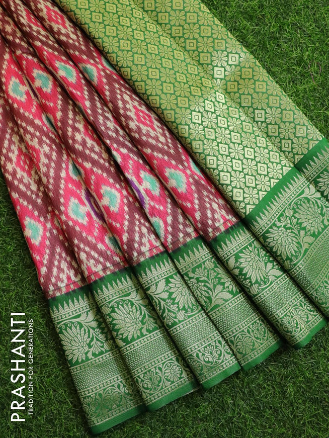 Malai silk saree pink and green with allover self emboss ikat prints and floral zari woven border - {{ collection.title }} by Prashanti Sarees