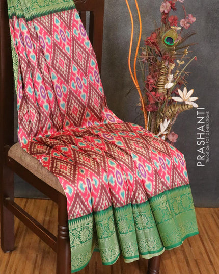 Malai silk saree pink and green with allover self emboss ikat prints and floral zari woven border - {{ collection.title }} by Prashanti Sarees