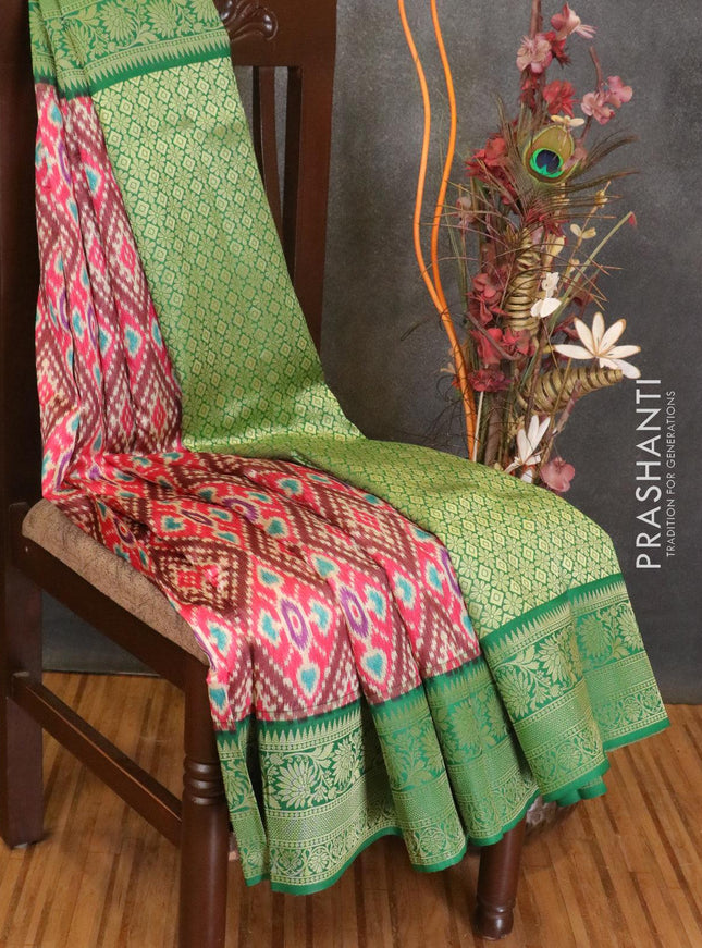 Malai silk saree pink and green with allover self emboss ikat prints and floral zari woven border - {{ collection.title }} by Prashanti Sarees