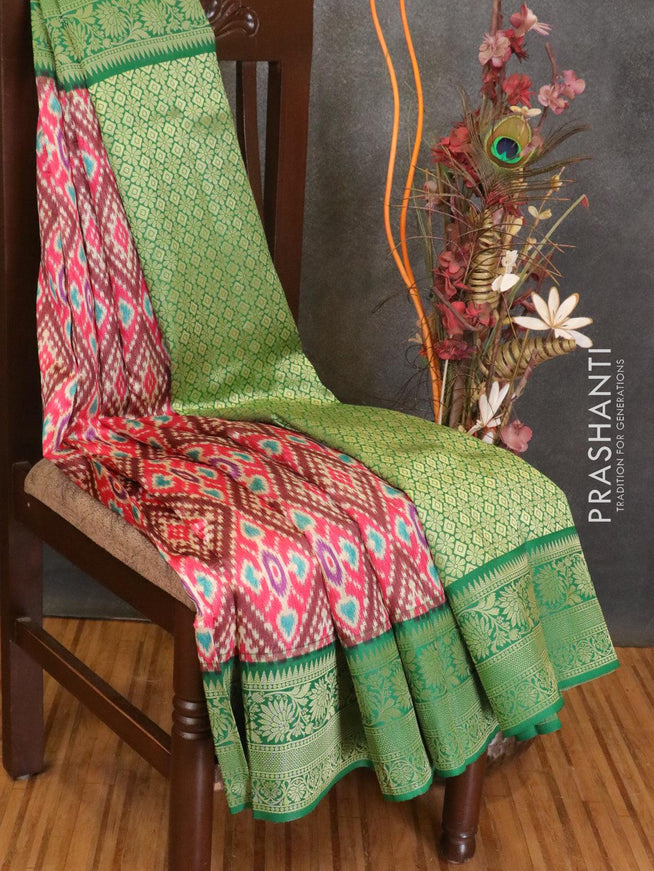 Malai silk saree pink and green with allover self emboss ikat prints and floral zari woven border - {{ collection.title }} by Prashanti Sarees