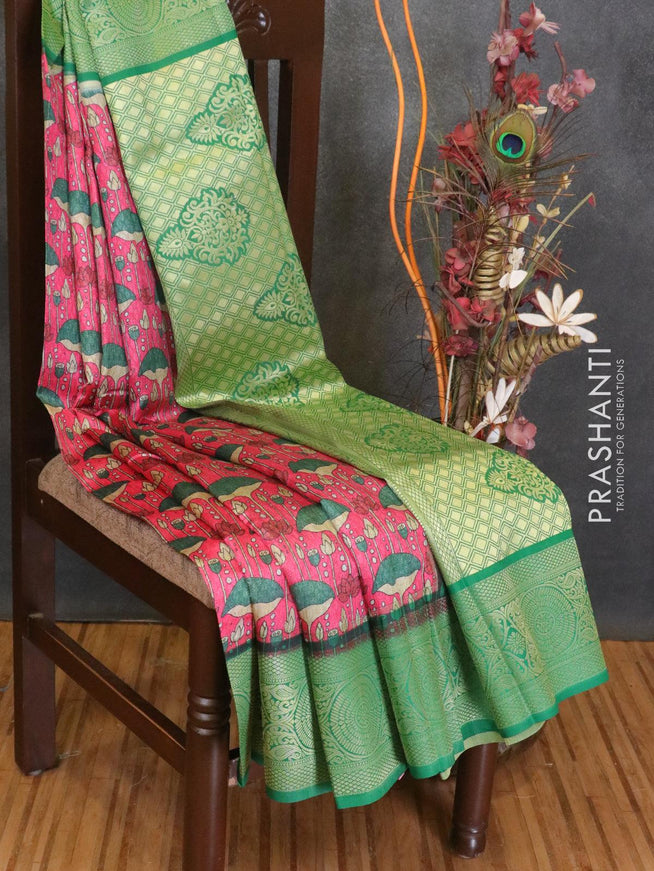 Malai silk saree pink and green with allover self emboss prints and zari woven border - {{ collection.title }} by Prashanti Sarees