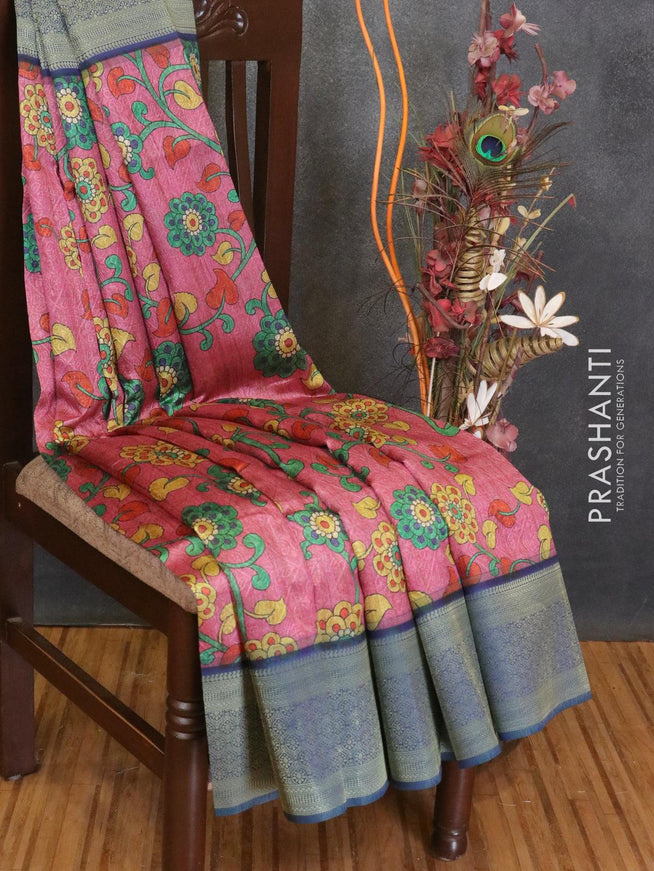 Malai silk saree pink shade and blue shade with allover self emboss floral prints and zari woven border - {{ collection.title }} by Prashanti Sarees
