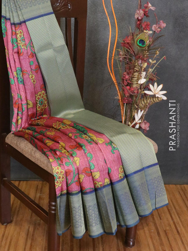Malai silk saree pink shade and blue shade with allover self emboss floral prints and zari woven border - {{ collection.title }} by Prashanti Sarees