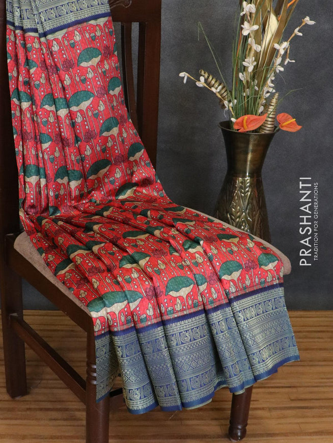 Malai silk saree red and blue with allover self emboss & floral prints and zari woven border - {{ collection.title }} by Prashanti Sarees