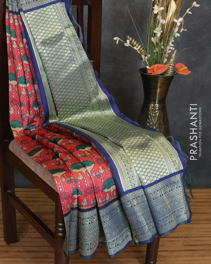 Malai silk saree red and blue with allover self emboss & floral prints and zari woven border - {{ collection.title }} by Prashanti Sarees