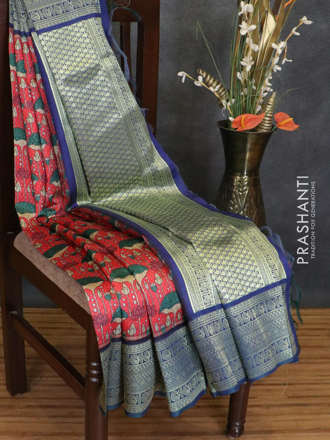 Malai silk saree red and blue with allover self emboss & floral prints and zari woven border - {{ collection.title }} by Prashanti Sarees