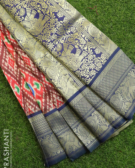 Malai silk saree red and blue with allover self emboss & prints and zari woven border - {{ collection.title }} by Prashanti Sarees
