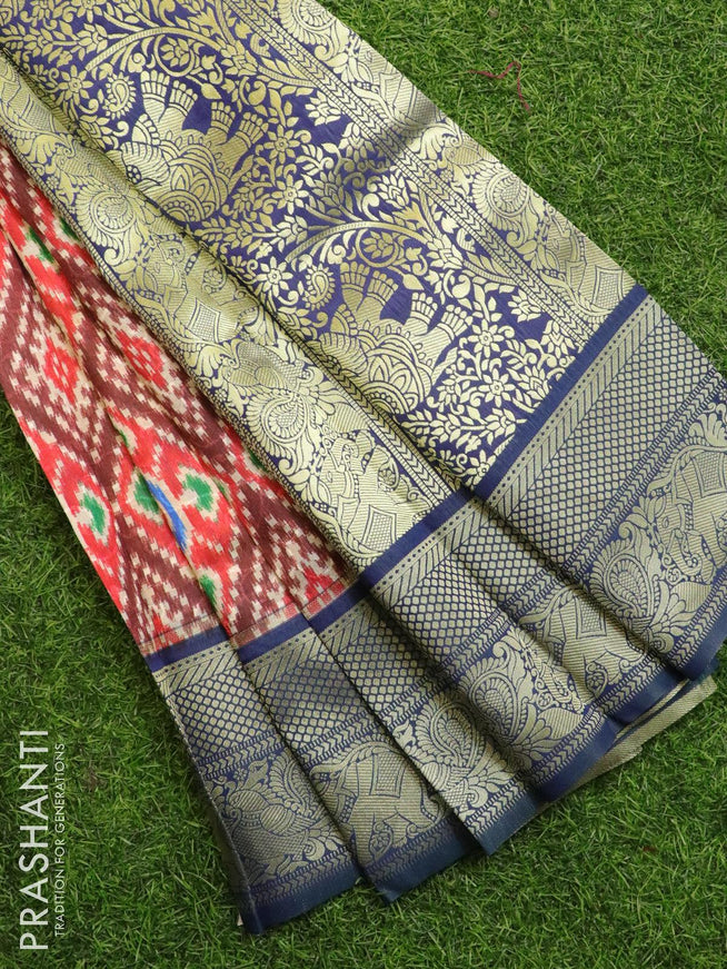 Malai silk saree red and blue with allover self emboss & prints and zari woven border - {{ collection.title }} by Prashanti Sarees