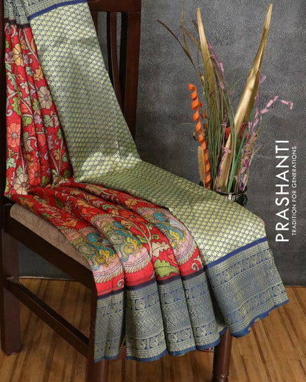 Malai silk saree red and blue with allover self emboss kalamkari prints and zari woven border - {{ collection.title }} by Prashanti Sarees
