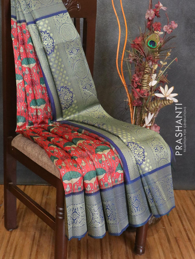 Malai silk saree red and blue with allover self emboss prints and zari woven border - {{ collection.title }} by Prashanti Sarees