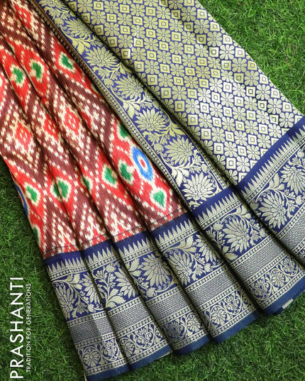 Malai silk saree red and peacock blue with allover self emboss ikat prints and floral zari woven border - {{ collection.title }} by Prashanti Sarees