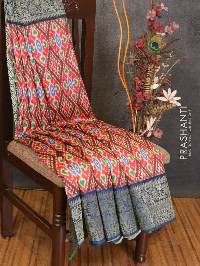 Malai silk saree red and peacock blue with allover self emboss ikat prints and floral zari woven border - {{ collection.title }} by Prashanti Sarees
