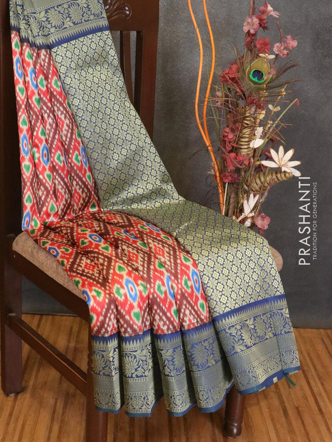 Malai silk saree red and peacock blue with allover self emboss ikat prints and floral zari woven border - {{ collection.title }} by Prashanti Sarees