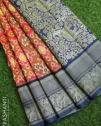 Malai silk saree rust and blue with allover self emboss ikat prints and zari woven border - {{ collection.title }} by Prashanti Sarees