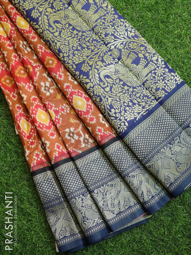 Malai silk saree rust and blue with allover self emboss ikat prints and zari woven border - {{ collection.title }} by Prashanti Sarees