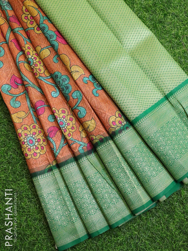 Malai silk saree rust shade and green with allover self emboss floral prints and zari woven border - {{ collection.title }} by Prashanti Sarees