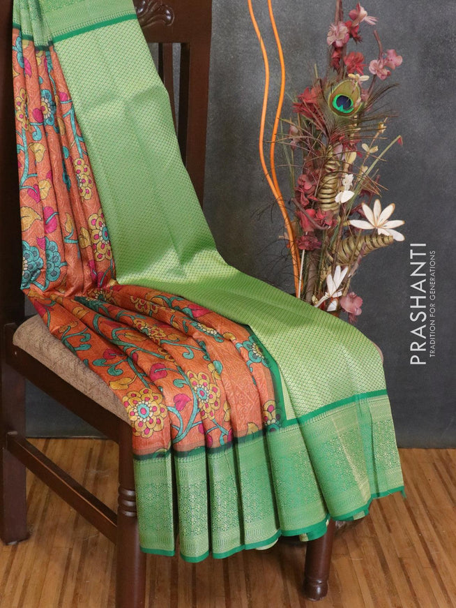 Malai silk saree rust shade and green with allover self emboss floral prints and zari woven border - {{ collection.title }} by Prashanti Sarees