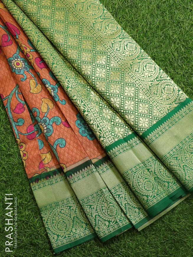 Malai silk saree rustic orange and green with allover self emboss floral prints and zari woven border - {{ collection.title }} by Prashanti Sarees