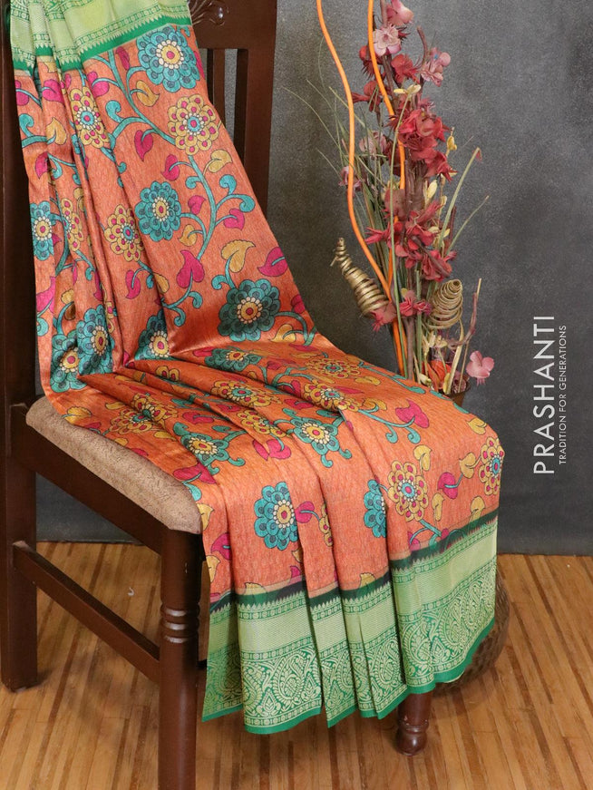 Malai silk saree rustic orange and green with allover self emboss floral prints and zari woven border - {{ collection.title }} by Prashanti Sarees
