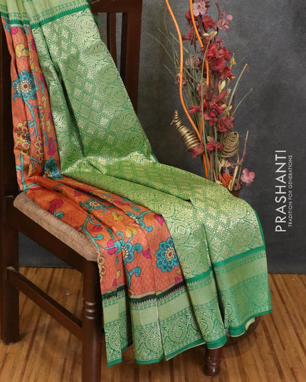 Malai silk saree rustic orange and green with allover self emboss floral prints and zari woven border - {{ collection.title }} by Prashanti Sarees
