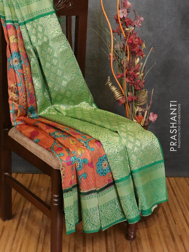 Malai silk saree rustic orange and green with allover self emboss floral prints and zari woven border - {{ collection.title }} by Prashanti Sarees