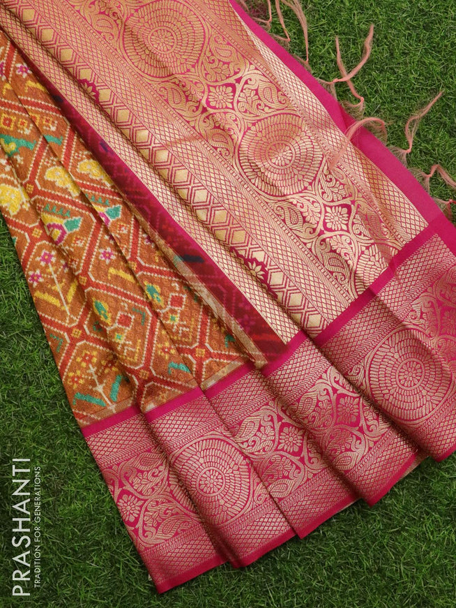 Malai silk saree rustic orange and pink with allover self emboss & floral prints and zari woven border - {{ collection.title }} by Prashanti Sarees