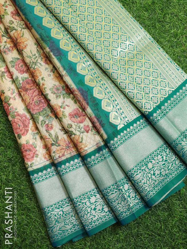 Malai silk saree sandal and blue shade with allover self emboss floral prints and zari woven border - {{ collection.title }} by Prashanti Sarees