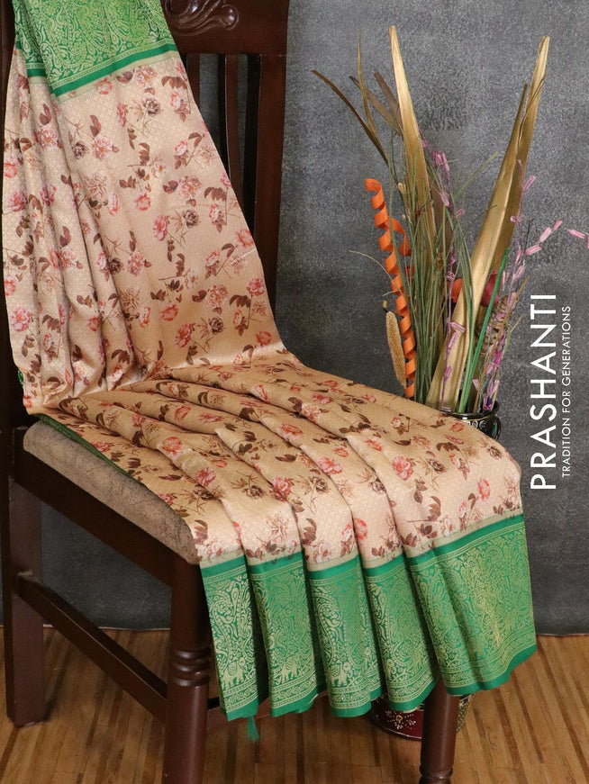 Malai silk saree sandal and green with allover self emboss floral prints and paisley zari woven border - {{ collection.title }} by Prashanti Sarees