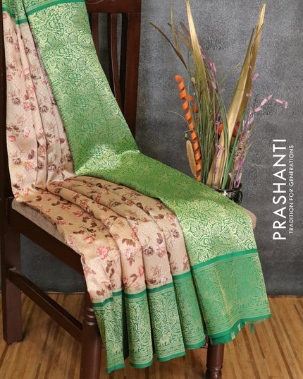 Malai silk saree sandal and green with allover self emboss floral prints and paisley zari woven border - {{ collection.title }} by Prashanti Sarees