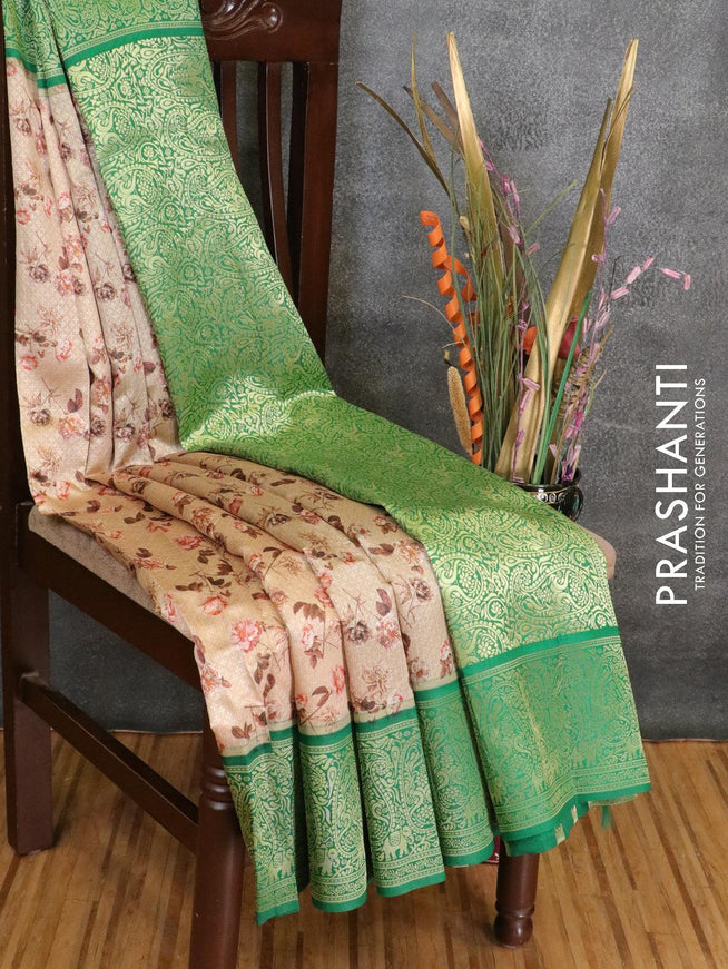 Malai silk saree sandal and green with allover self emboss floral prints and paisley zari woven border - {{ collection.title }} by Prashanti Sarees
