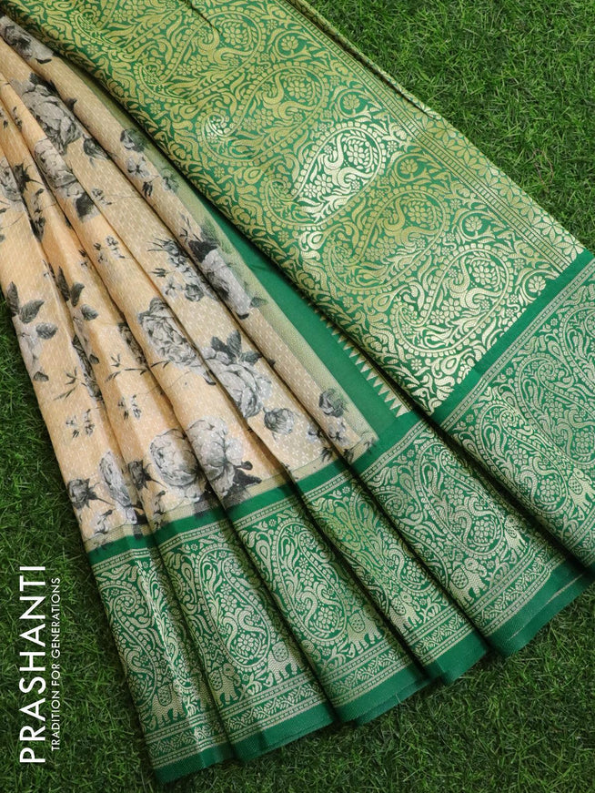 Malai silk saree sandal and green with allover self emboss floral prints and zari woven border - {{ collection.title }} by Prashanti Sarees