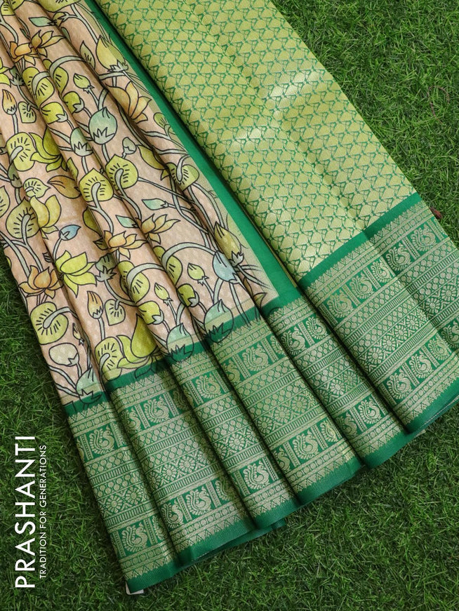 Malai silk saree sandal and green with allover self emboss floral prints and zari woven border - {{ collection.title }} by Prashanti Sarees